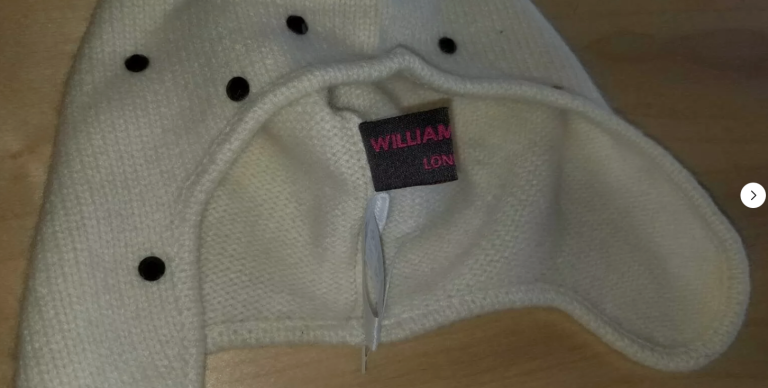 William Sharp London Ecru/Ivory 100% Cashmere Hat with Black Swarovski Crystals