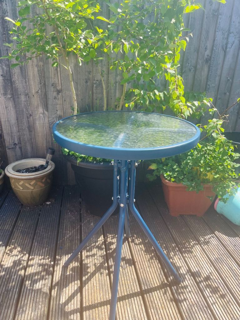 Small blue glass garden table/plant stand 