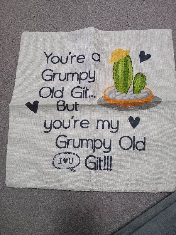 New 'Grumpy Old Git' Cushion Cover - White with Cactus Print