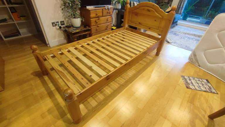 Pine single bed with 6 month old mattress.