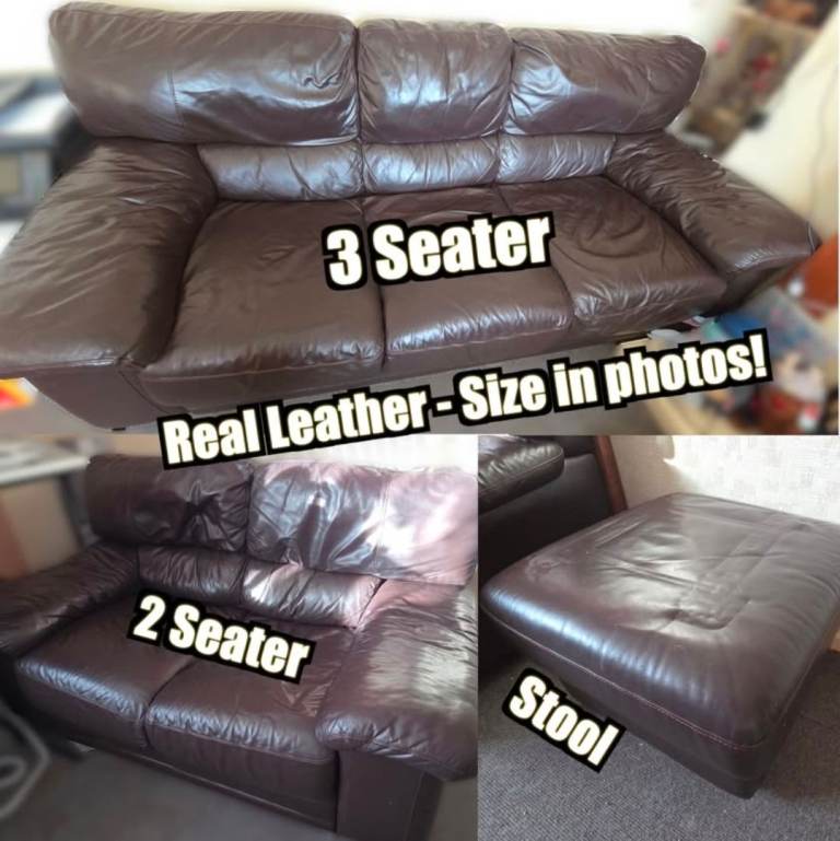 20 Photos: Real Genuine Leather sofa suite, 3 + 2 Seater Settee, and Footstool Ottoman (Dark Brown)