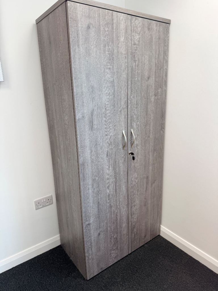 2 Grey Wood Effect Wardrobe / Storage Cupboard with Lock