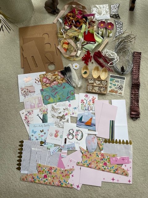 Job lot of craft/card making items - wooden embellishments, ribbon, card, stickers, etc. £10 the lot