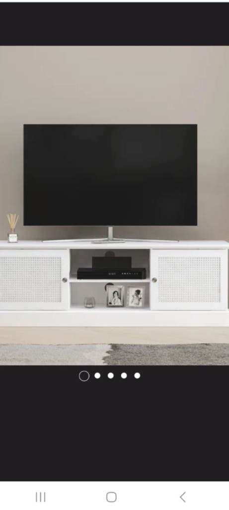 White rattan style furniture set, coffee table small sideboard and large tv unit