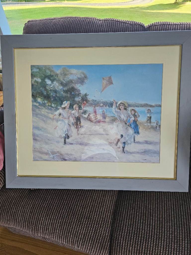 Framed Beach Scene Print – Grey Frame, Good Condition