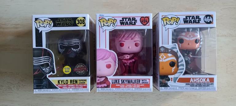 3 Star Wars Funko PoPs - Luke Skywalker & Grogu, Ahsoka and Kylo Ren