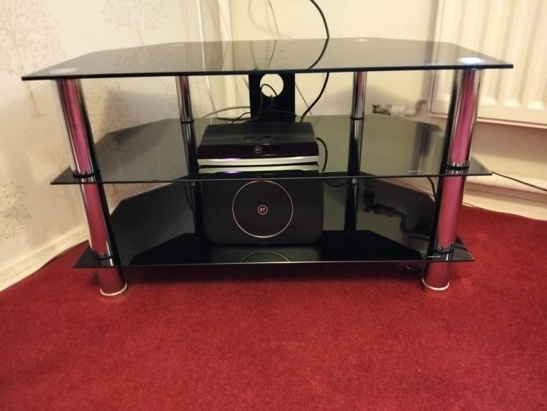 TV stand unit, black glass and chrome, glass shelving