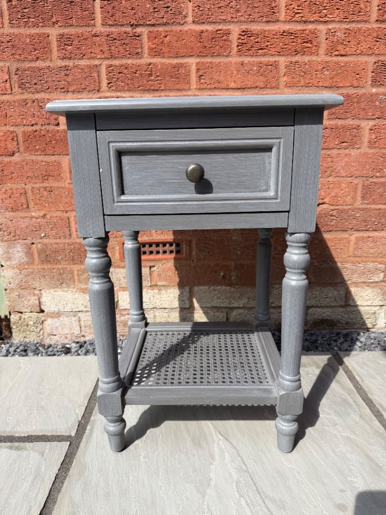 Grey Wooden Bedside Table with Drawer and Shelf – Good Condition