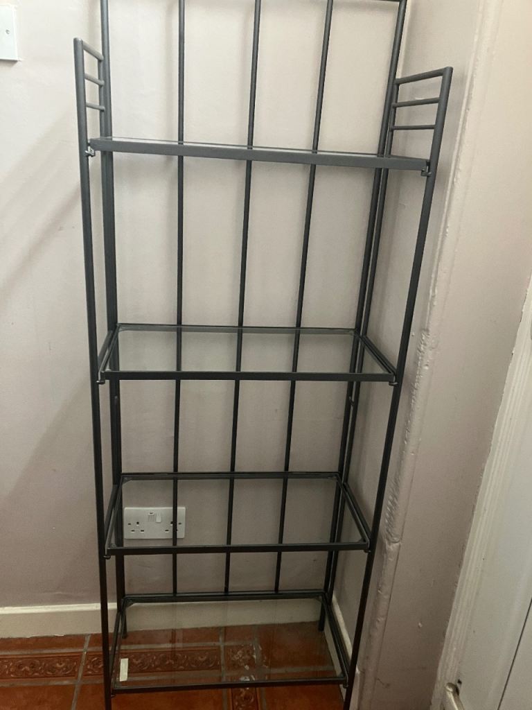 Gray Metal Shelving Unit with Glass Shelves – Good Condition