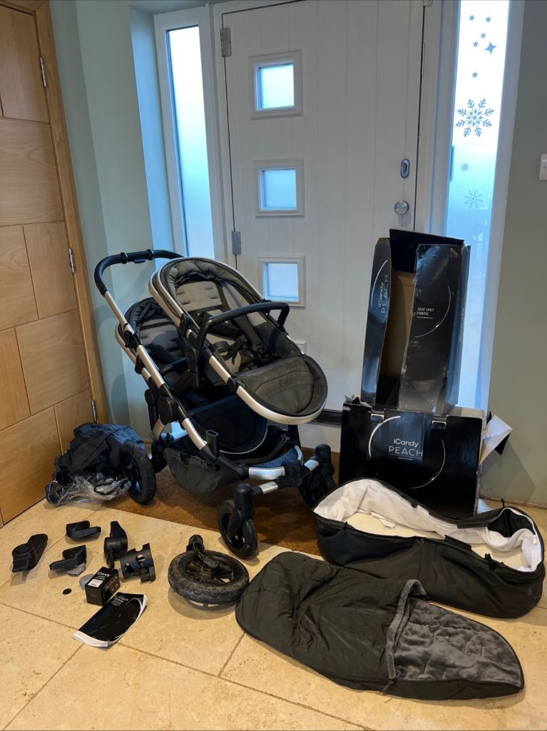 Icandy peach double pram twin seats, carry cot, car seat adapters, rain covers, foot muffs