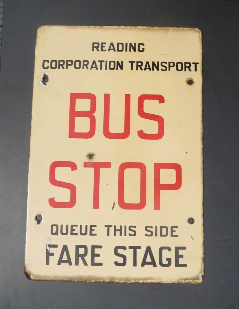VINTAGE ORIGINAL READING CORPORATION TRANSPORT, DOUBLE SIDED ENAMEL BUS STOP