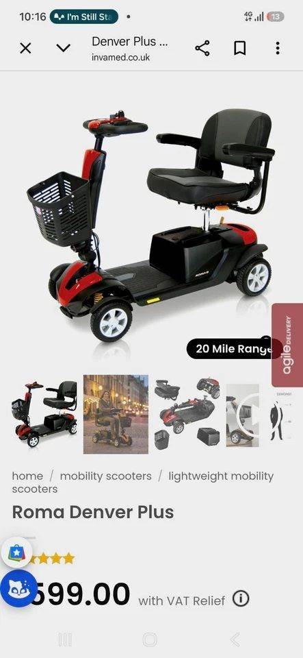 Roma Denver Plus Mobility Scooter , Good Condition . REDUCED FROM £345 TO £187 QUICK SALE 