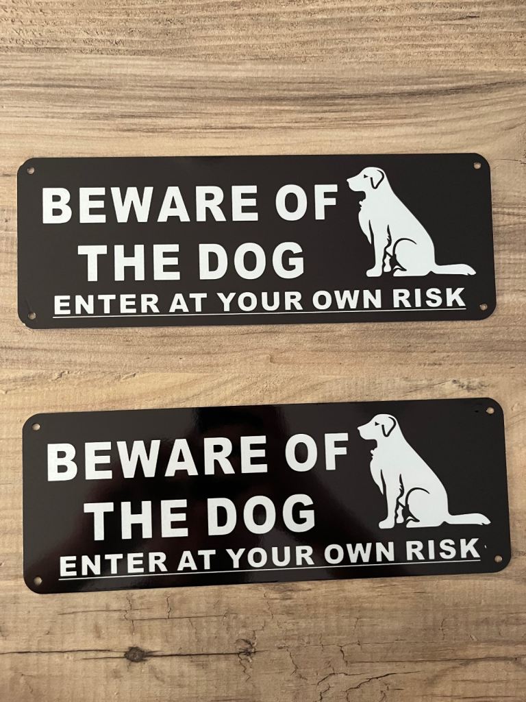 2 beware of the dog metal signs - new - 25 by 9cm