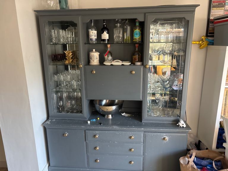 Grey Wooden Display Cabinet with Glass Doors and Drawers