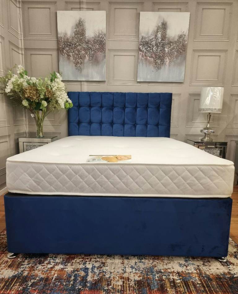 Ex-Display Blue 4ft 6 Divan Base, Headboard And Mattress Complete (Double)