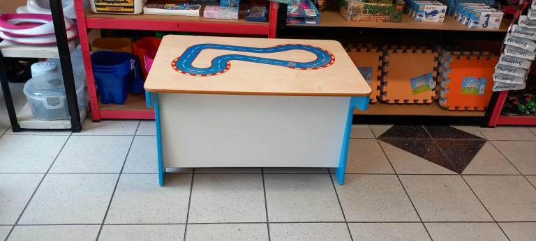 Race track toy box and desk