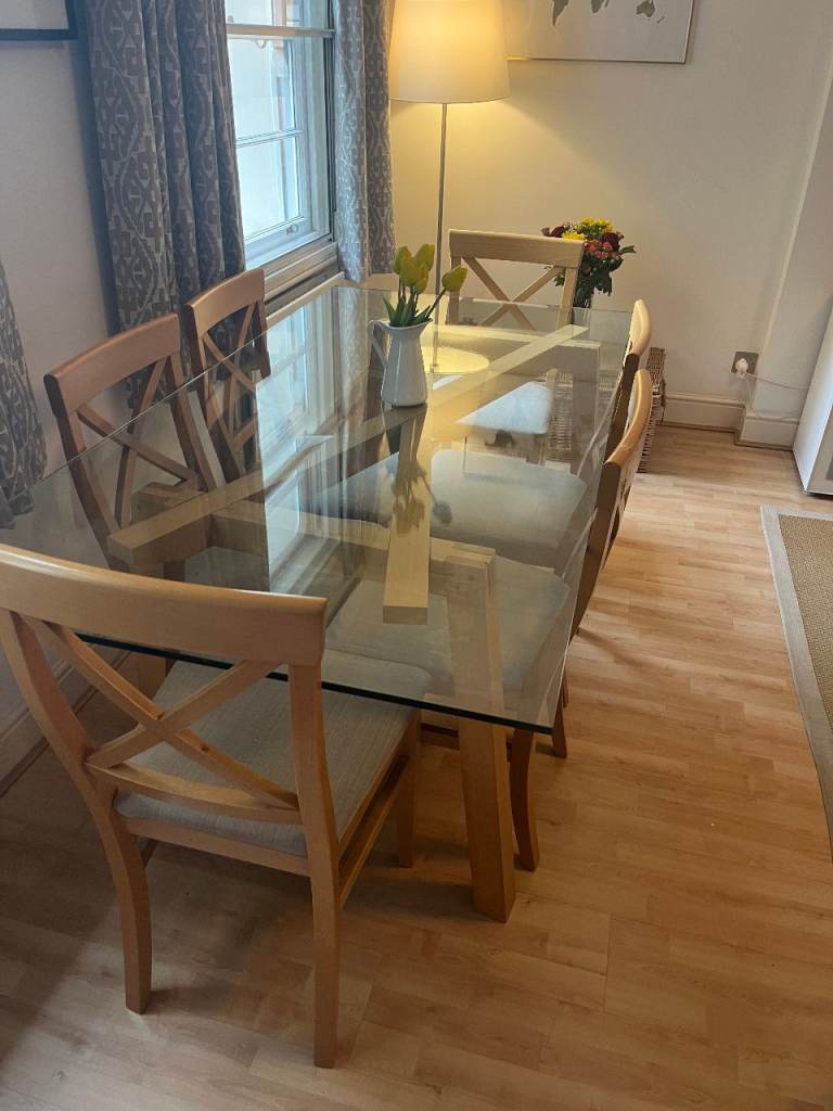 6 Seater Glass Dining Table & 6 Matching Wooden Chairs