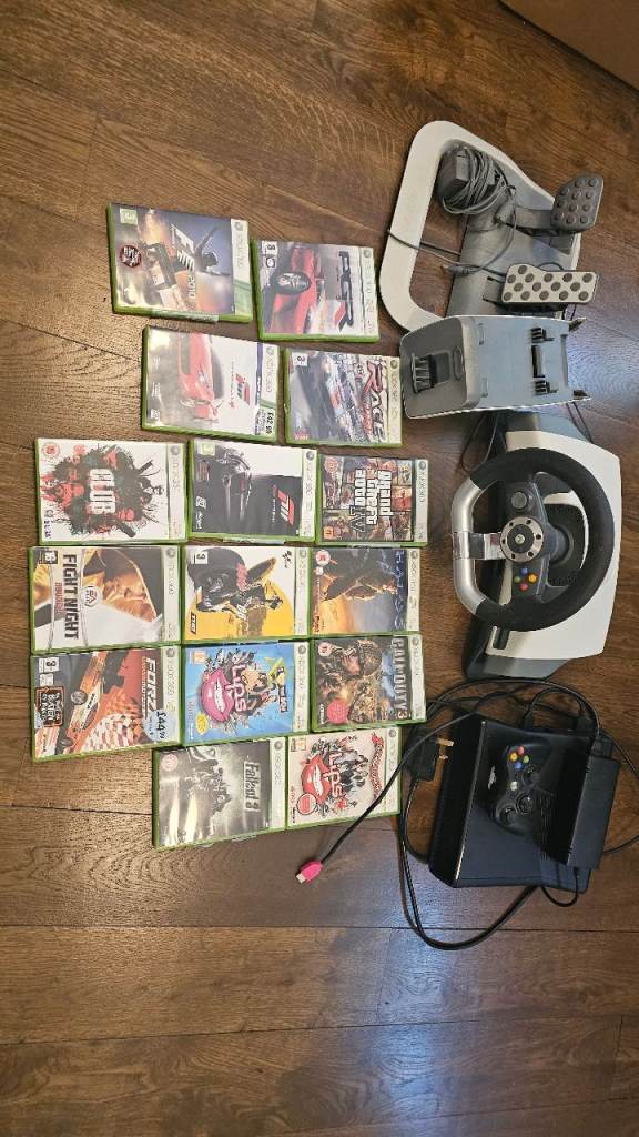Xbox 360 & Steering Wheel & Pedals with Games Bundle