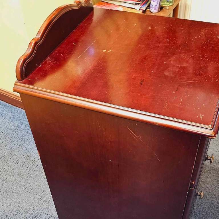 Bedside cabinet, solid wood, three drawers four wheels. Fully functional, signs of wear and tear