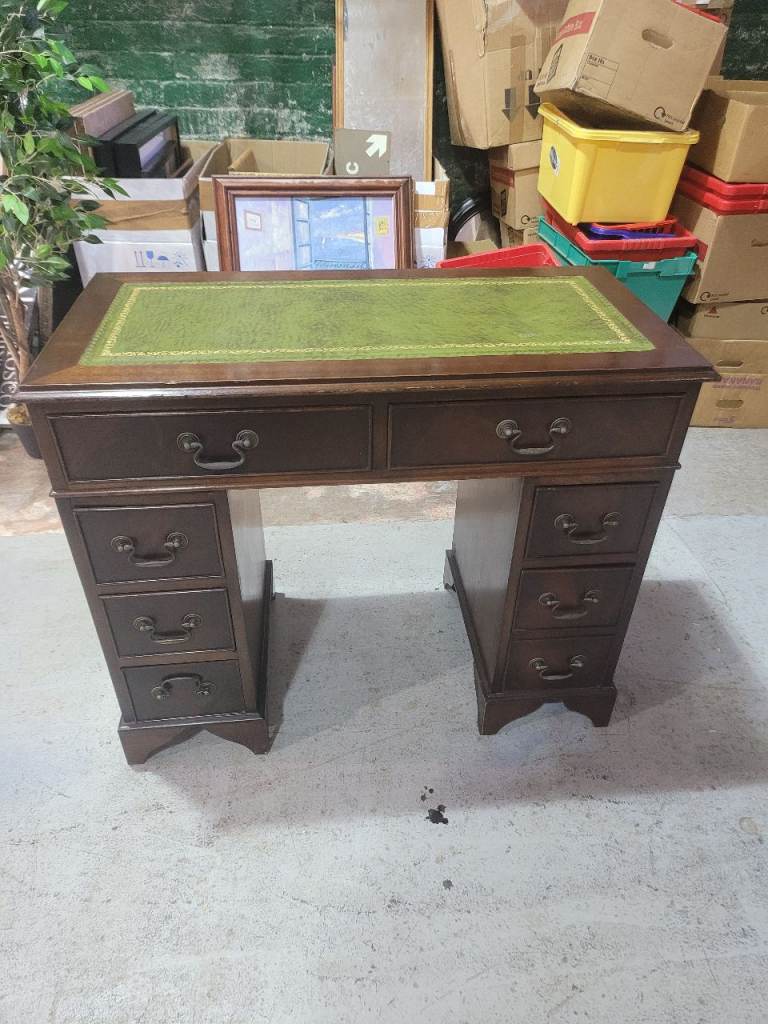 Vintage Style Wooden Desk with Green Leather Top