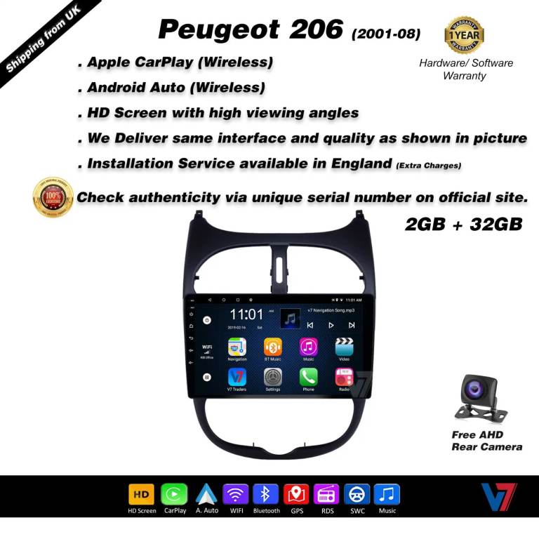 Peugeot 206 2001-08 CARPLAY Android Auto HD Screen Head Unit GPS Stereo LCD Panel V7