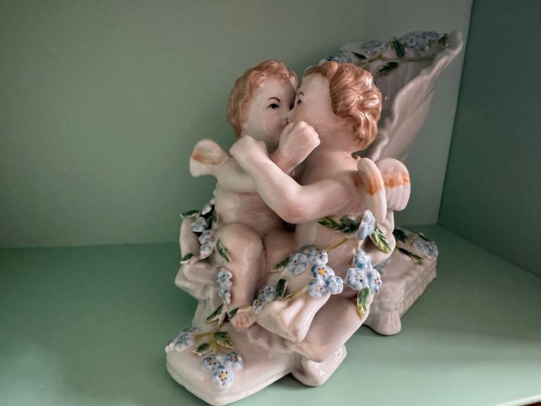 Meissen Cherub Figurines on Shoe with Forget-Me-Nots, Crossed Swords Mark