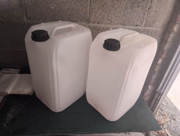 Two 25L Plastic Water Jerry Cans. Containers with Lids