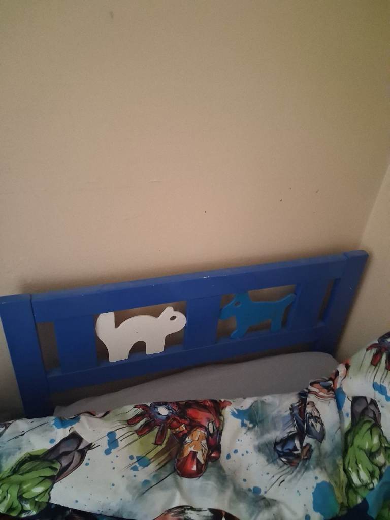 Child's Single Bed Frame - Blue Wood with Animal Cut-outs