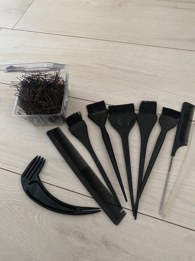 Set of Black Hair Dye Brushes, Combs, and Brown Hair Pins