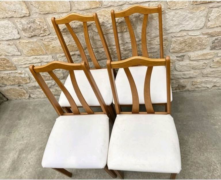 Set of 4  G plan style mid century Wooden Dining Chairs with White Fabric Seats
