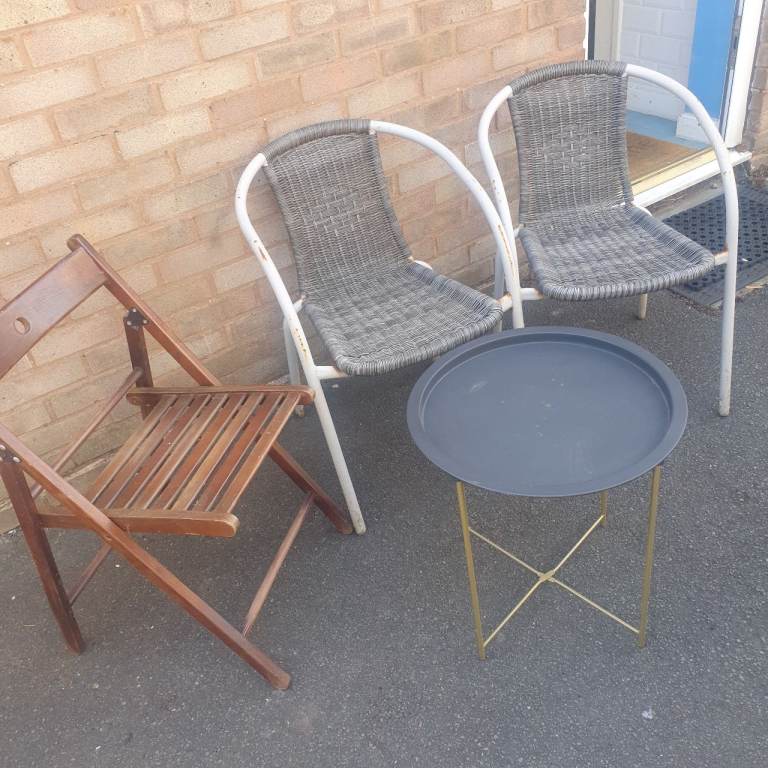 2 Rattan Chairs , Fold Up Wooden Chair & Metal Fold Up Table , Great For Garden, Decent Condition .