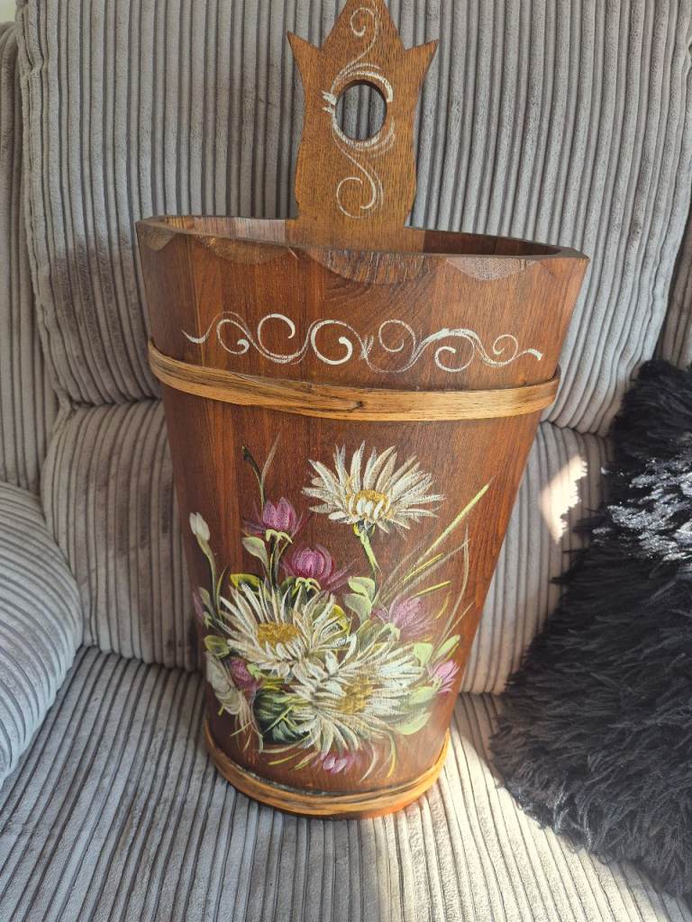 Vintage Bavarian Folk Art Floral Wood Umbrella Stand German Hand Painted Flowers