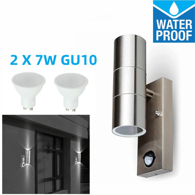Up/Down Wall Light With PIR Motion Sensor, Waterproof For Outdoor Garden, Stainless Steel