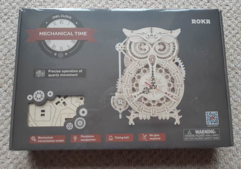 ROKR Owl Clock Mechanical Time Wooden Model Kit – New, Unopened