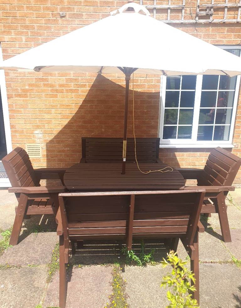 Wooden Garden Patio Furniture 6 seater Set Bench x2 Chair x2 Table x1 Parasol x1 Parasol Stand x1