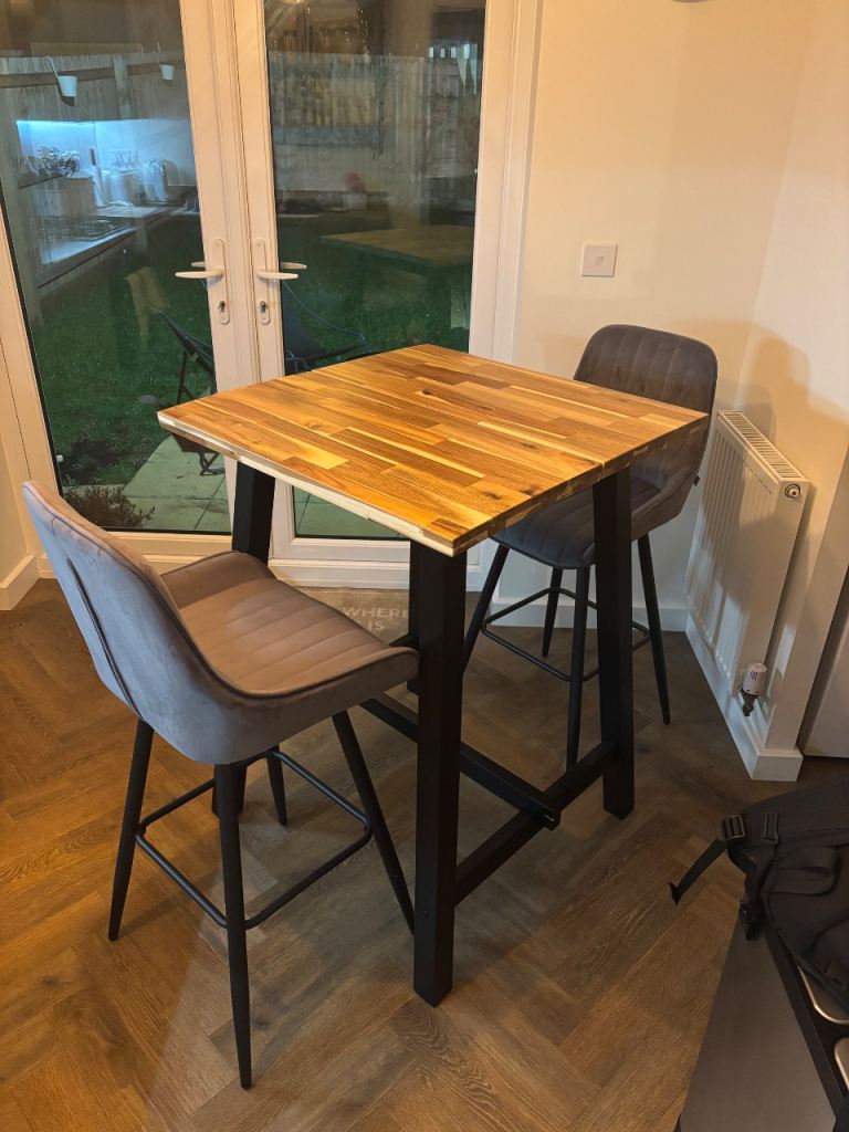 Wooden Bar Table with 2 Grey Stools – Good Condition - Can be sold separately! 