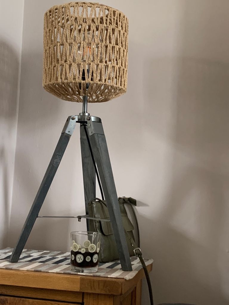 Industrial Style Tripod Table Lamp with Woven Shade