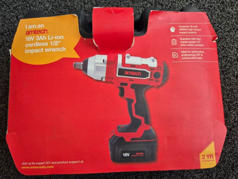 Amtech 18V 3Ah Li-Ion Cordless 1/2" Impact Wrench – 380Nm with Battery & Charger. New