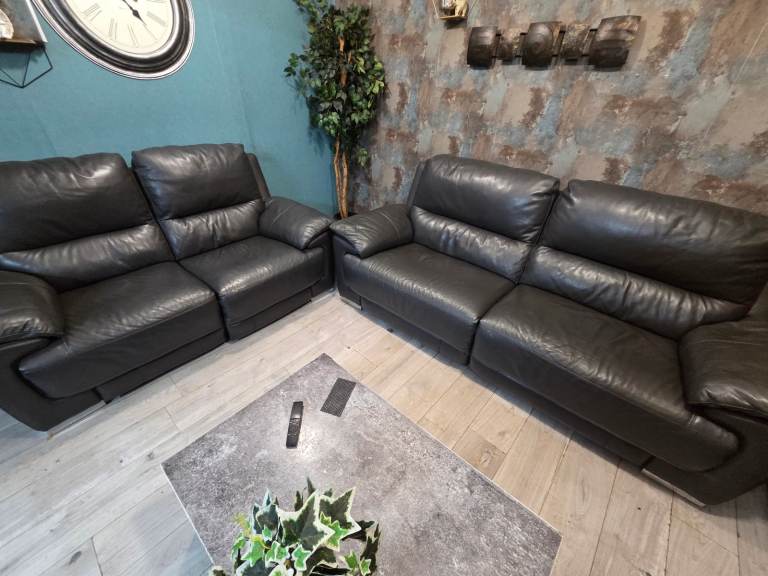 Harveys dark grey GENUINE leather electric recliner 3+2 seater sofas