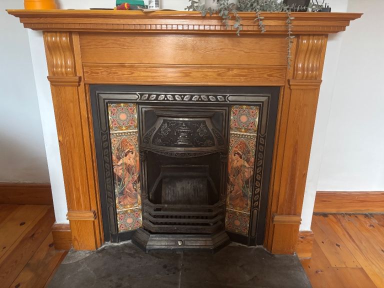 Vintage Wooden Fireplace Surround with Cast Iron Insert and Tiles