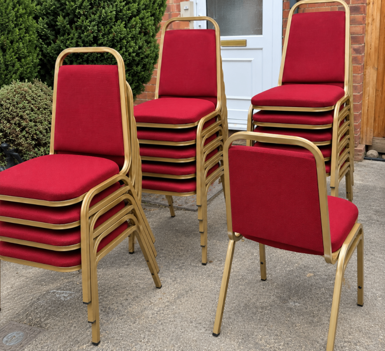 40 Premium Red & Gold Banquet Chairs – Excellent Condition – Restaurant, Wedding & Event Seating