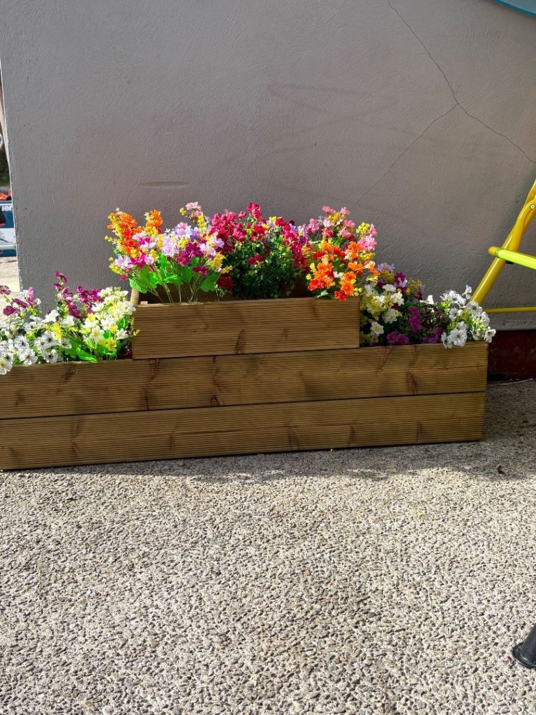 Tiered Wooden Large Rectangular Brown Outdoor Flower Trough Planter Raised Bed