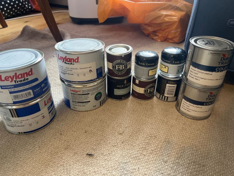 12 paint tin samples mostly shades of blue 