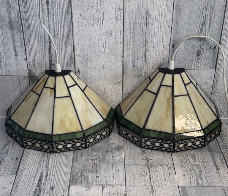 Pair Vintage MS-Belysning Danish Stained Glass Wall Sconce Shades Tiffany Style