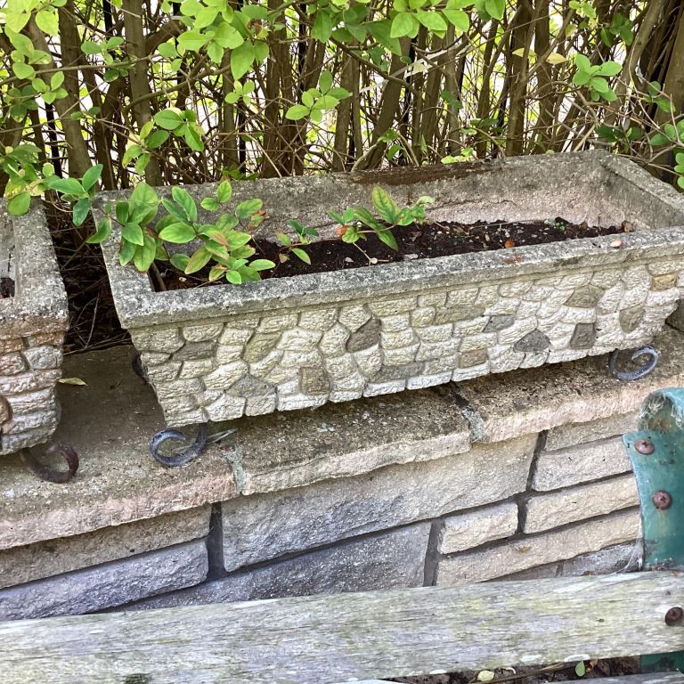 PAIR OF WONDERFUL VINTAGE STONE PLANT 🪴 POTS ON METAL LEGS 