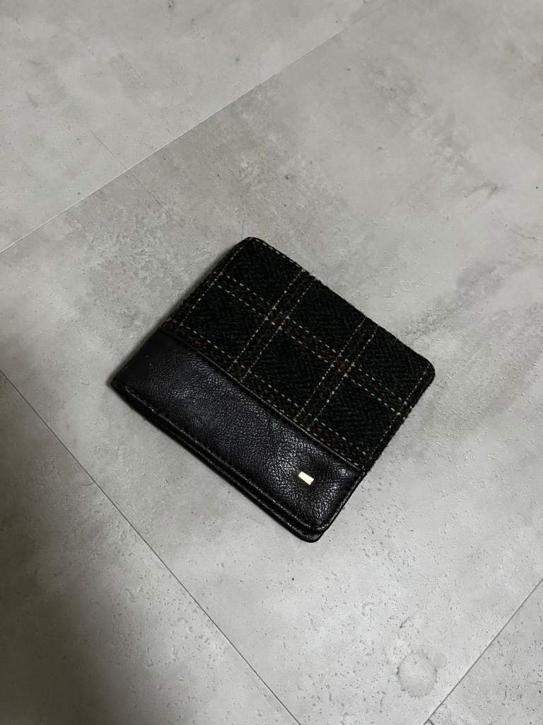 Black Leather Wallet with Checkered Fabric Detail