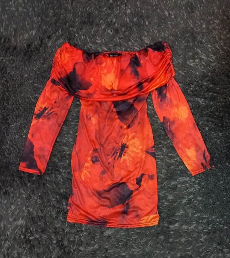 boohoo orange and black off the shoulder satin feel mini dress size 6 - 8 