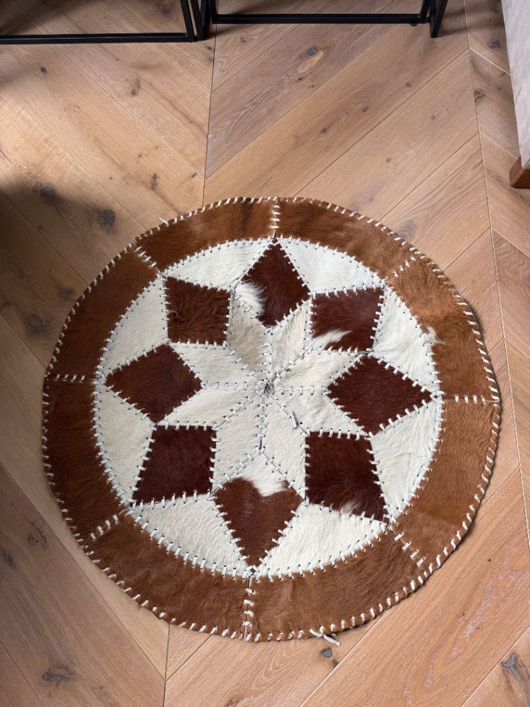 Round Patchwork Cow Hide Rug -   Chestnut Brown, Dark Chocolate, Cream - 90cm
