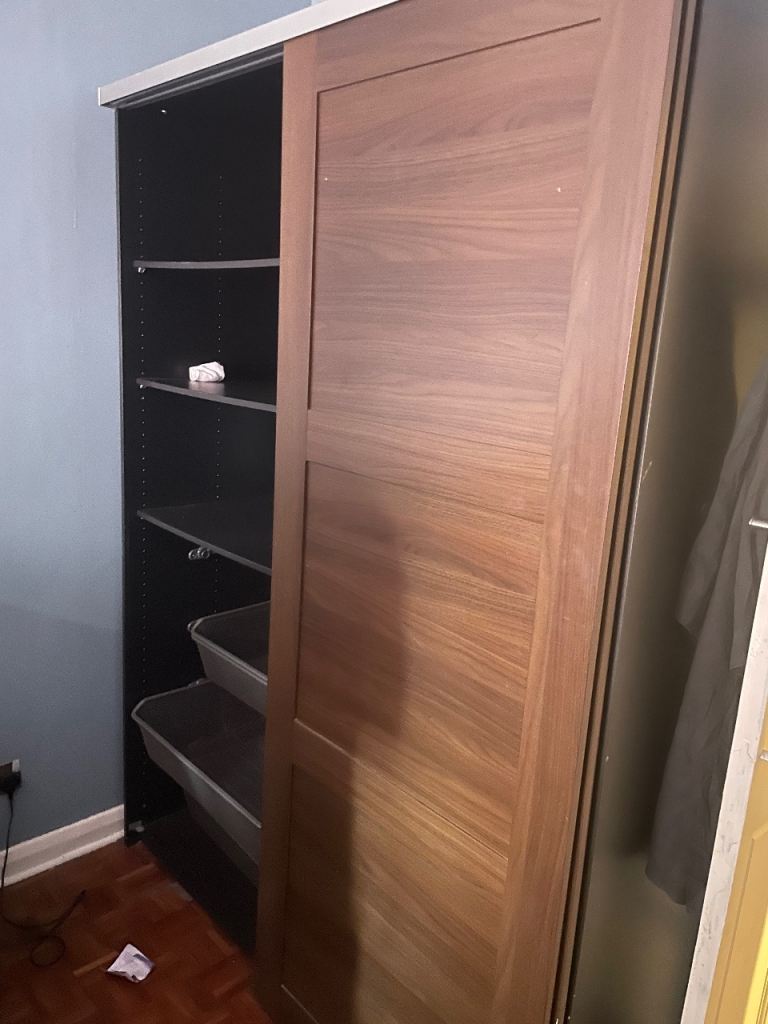 Sliding Door Wardrobe with Shelves and Drawers – Brown Wood Effect