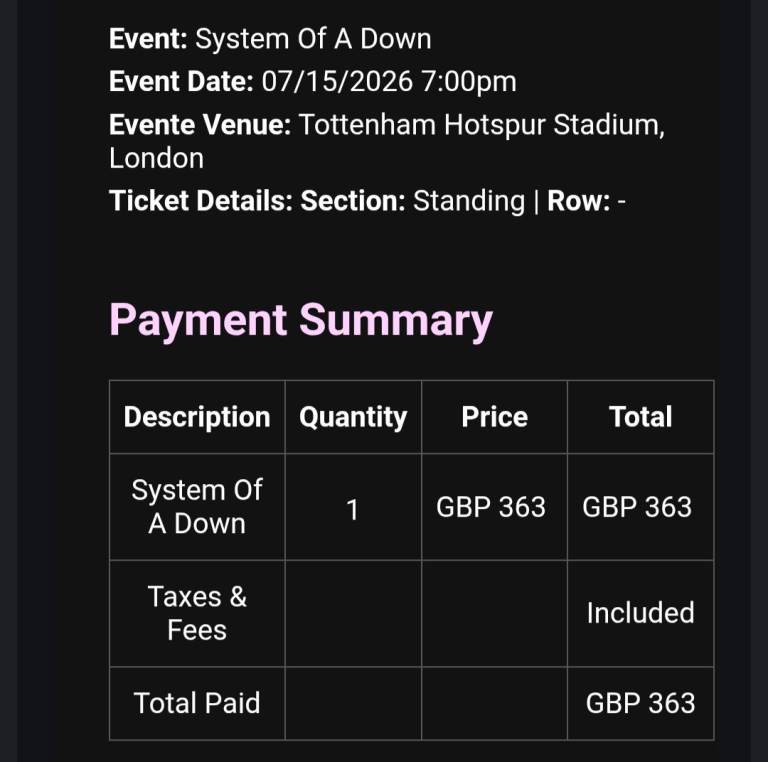 System Of A Down 15th July standing